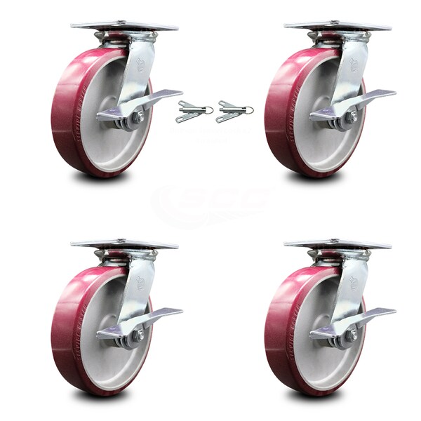 Service Caster 8 Inch Poly on Aluminum Caster Set with Roller Bearing 4 Brake and 2 Swivel Lock SCC-35S820-PAR-SLB-BSL-2-SLB-2 - main